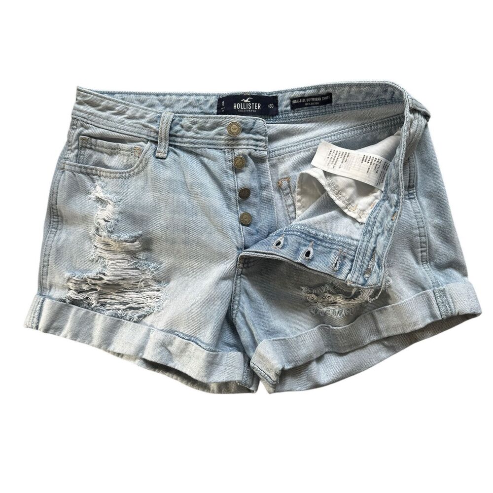 Hollister High Rise Boyfriend Short SZ 11 / 30 Light Wash Distressed Button Fly - Picture 3 of 11